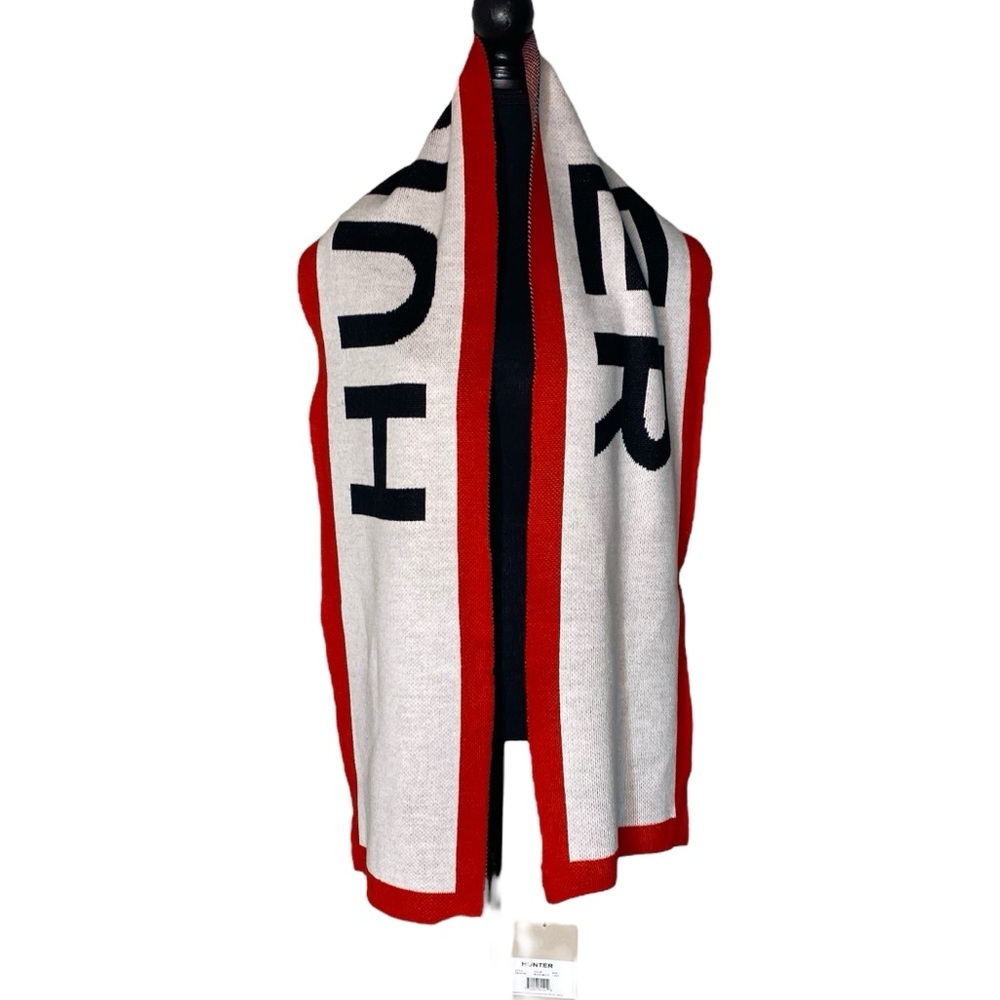 HUNTER New Red White Black Logo Knit Scarf Rectangle - Picture 2 of 16